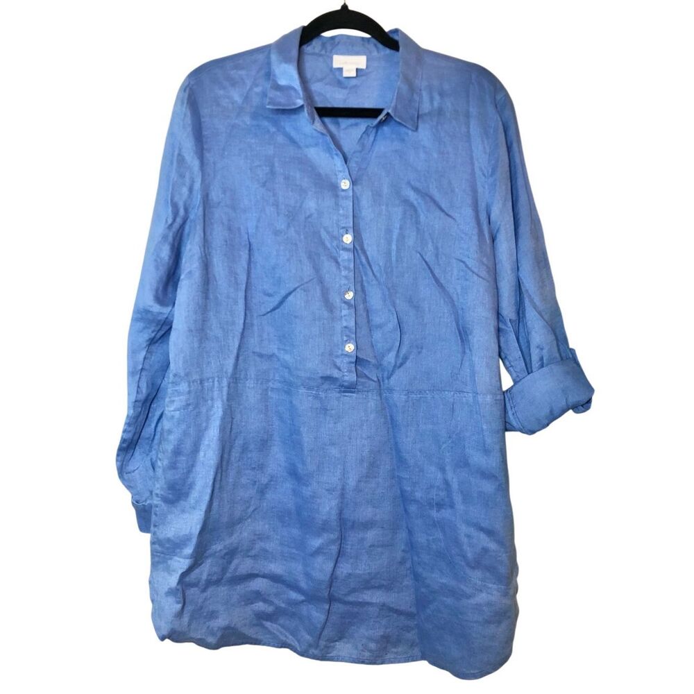 J. Jill Love Linen Blue Tunic Top Medium 100% Linen Coastal Quiet Luxury Natural - Picture 2 of 9